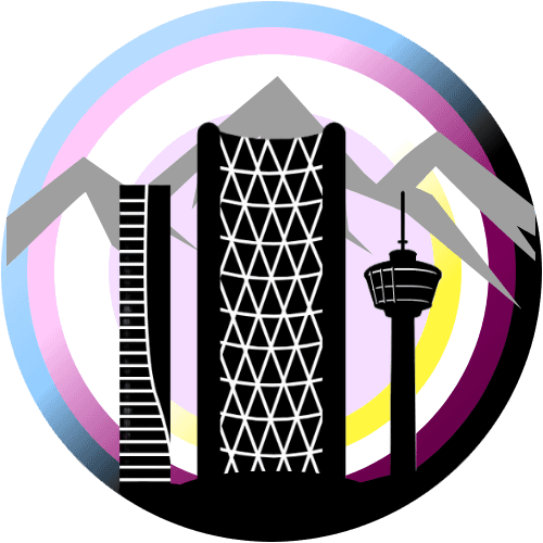 Blue/black outer ring with pink/violet second ring with white  then pink and yellow circles. Grey mountains with the Calgary skyline in the foreground.